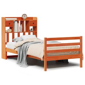 vidaXL barna t&ouml;m&ouml;r fenyőfa k&ouml;nyvespolcos &aacute;gy matrac n&eacute;lk&uuml;l 75 x 190 cm