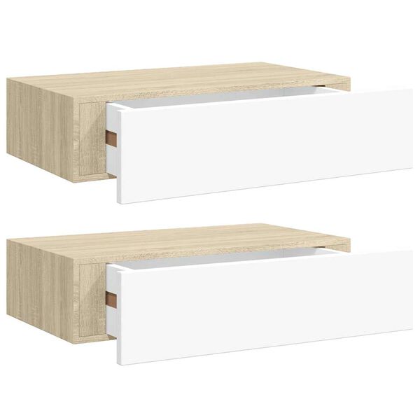 vidaXL 2 db tölgyszínű és fehér MDF fiókos fali polc 40 x 23,5 x 10 cm