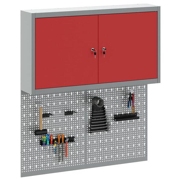 vidaXL Szersz&aacute;mszekr&eacute;ny &eacute;s pegboard szett polcokkal z&aacute;rral 3 pcs Piros