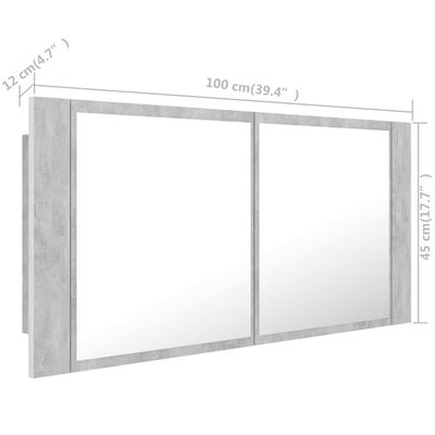 vidaXL betonszürke akril LED-es tükrös fürdőszobaszekrény 100x12x45 cm
