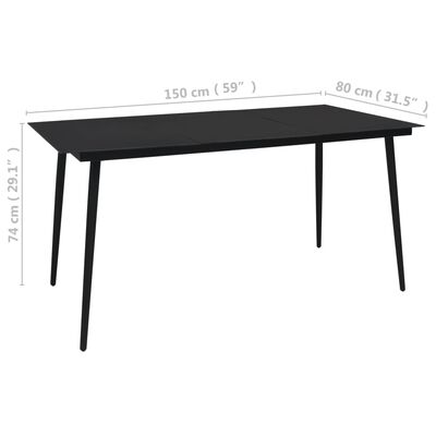 vidaXL fekete acél és üveg kerti étkezőasztal 150 x 80 x 74 cm