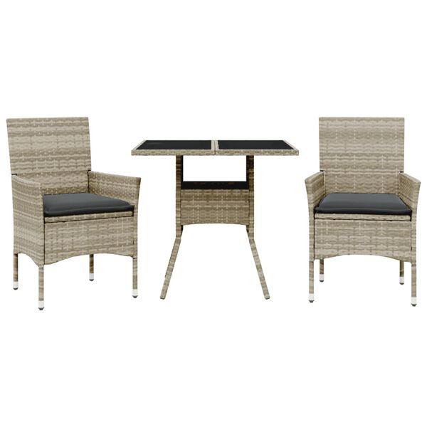 vidaXL 3 részes szürke polyrattan/üveg kerti étkezőgarnitúra párnával