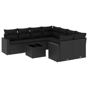 vidaXL 9 r&eacute;szes fekete polyrattan kerti &uuml;lőgarnit&uacute;ra p&aacute;rn&aacute;kkal