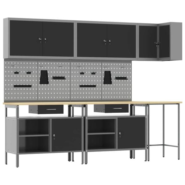 vidaXL Munkaszekr&eacute;ny K&eacute;szlet fi&oacute;kkal polcokkal 10 pcs Fekete &eacute;s Sz&uuml;rke