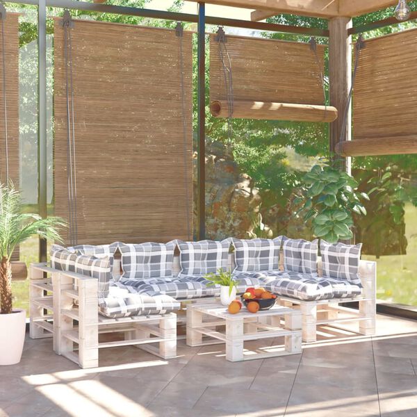 vidaXL 7 r&eacute;szes fenyőfa kerti raklap-b&uacute;torgarnit&uacute;ra p&aacute;rn&aacute;kkal