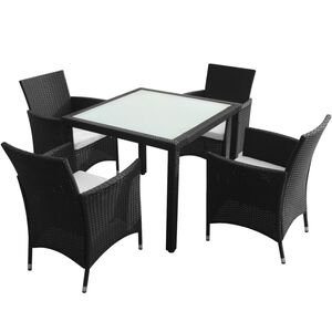 vidaXL 5-r&eacute;szes fekete polyrattan k&uuml;lt&eacute;ri &eacute;tkezőszett p&aacute;rn&aacute;kkal