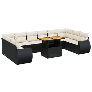 vidaXL 11 r&eacute;szes fekete polyrattan kerti &uuml;lőgarnit&uacute;ra p&aacute;rn&aacute;kkal
