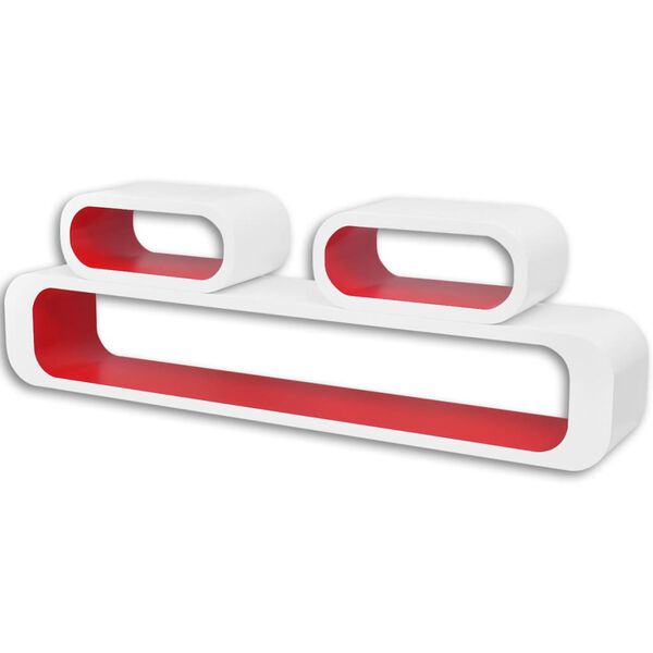 3 n&eacute;gysz&ouml;gű feh&eacute;r-piros MDF lebegő fali k&ouml;nyvpolc/DVD t&aacute;rol&oacute;