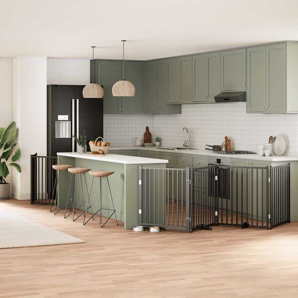 vidaXL fekete ny&aacute;rfa 10 paneles &ouml;sszecsukhat&oacute; kutyakapu ajt&oacute;val 800 cm