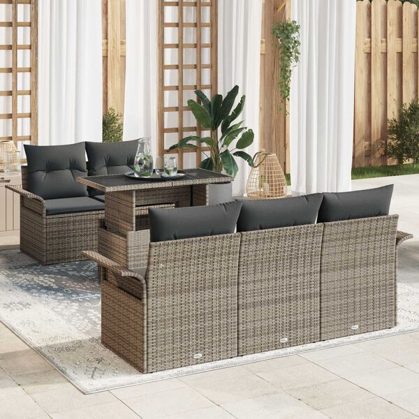 vidaXL Kerti Kanap&eacute; Szett p&aacute;rn&aacute;val t&aacute;rol&oacute;val 6 pcs Sz&uuml;rke Poly Rattan