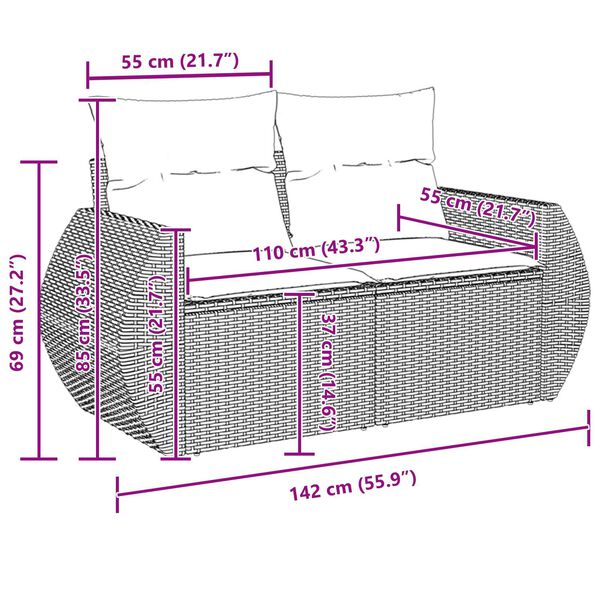 vidaXL 9 Részes Kerti Kanapészett Párnákkal Bézs Poli Rattan Akácia