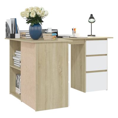 vidaXL fehér/sonoma-tölgy színű faforgács sarok íróasztal 145x100x76cm
