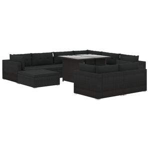 vidaXL 10-r&eacute;szes fekete polyrattan kerti b&uacute;torszett p&aacute;rn&aacute;kkal