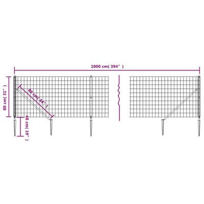 vidaXL antracitszürke dróthálós kerítés cövekekkel 0,8x10 m