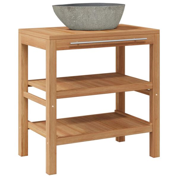 vidaXL tömör tíkfa fürdőszobai pipereszekrény folyami kő mosdóval