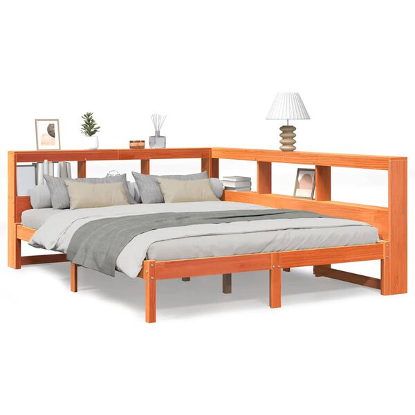 vidaXL barna t&ouml;m&ouml;r fenyőfa k&ouml;nyvespolcos &aacute;gy matrac n&eacute;lk&uuml;l 160 x 200cm