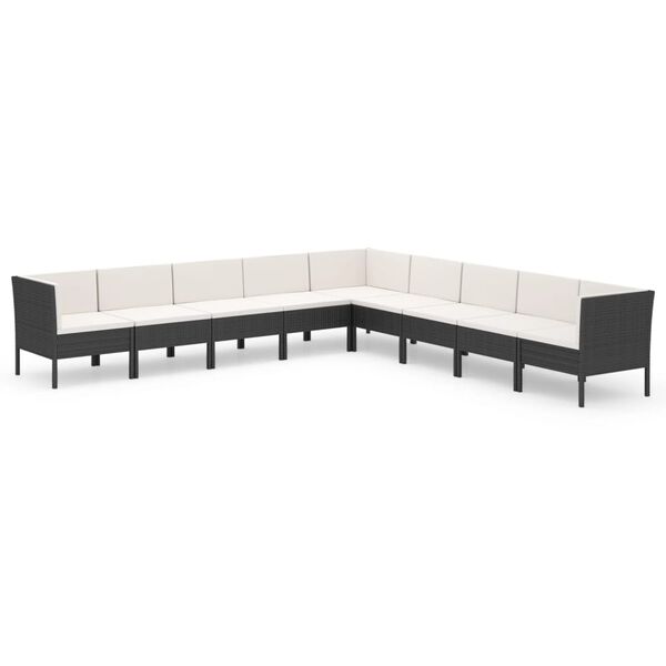 vidaXL 9 r&eacute;szes fekete polyrattan kerti b&uacute;torszett p&aacute;rn&aacute;kkal