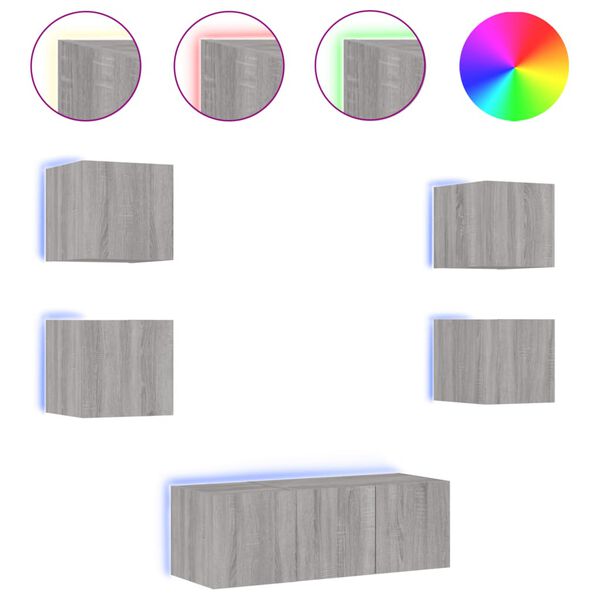 vidaXL 6 darab sz&uuml;rke sonoma sz&iacute;nű szerelt fa fali TV-b&uacute;tor LED-del