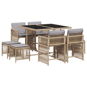 vidaXL 9 r&eacute;szes vegyes b&eacute;zs polyrattan kerti &eacute;tkezőgarnit&uacute;ra p&aacute;rn&aacute;kkal