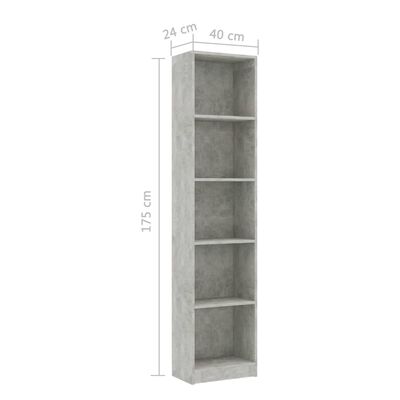 vidaXL 5-szintes betonszürke forgácslap könyvszekrény 40 x 24 x 175 cm