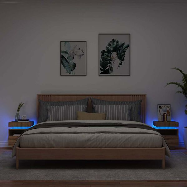 vidaXL 2 db k&eacute;zműves t&ouml;lgy &eacute;jjeliszekr&eacute;ny LED-f&eacute;nyekkel 40x39x48,5 cm