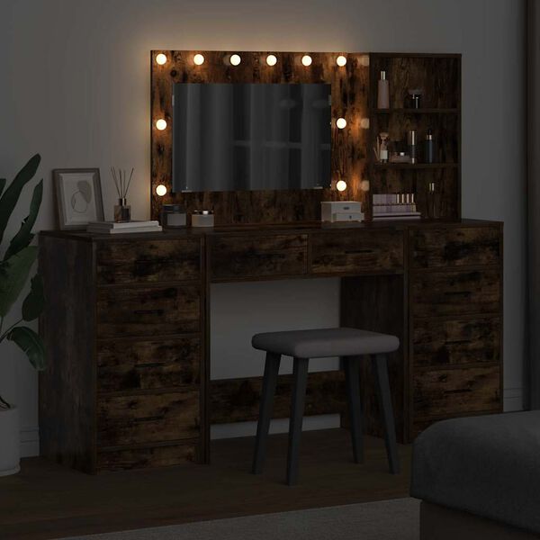 vidaXL Öltözködőasztal tükör lámpákkal 3 pcs Füstölt tölgy Faanyag