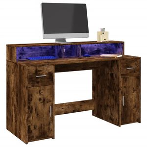 vidaXL f&uuml;st&ouml;s t&ouml;lgy sz&iacute;nű szerelt fa &iacute;r&oacute;asztal LED-ekkel 140x55x91 cm