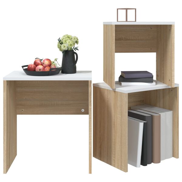 vidaXL 3 db feh&eacute;r/sonoma sz&iacute;nű szerelt fa rak&aacute;solhat&oacute; doh&aacute;nyz&oacute;asztal