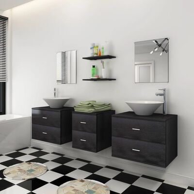 vidaXL 9 részes fekete fürdőszobai bútorszett mosdóval és csappal
