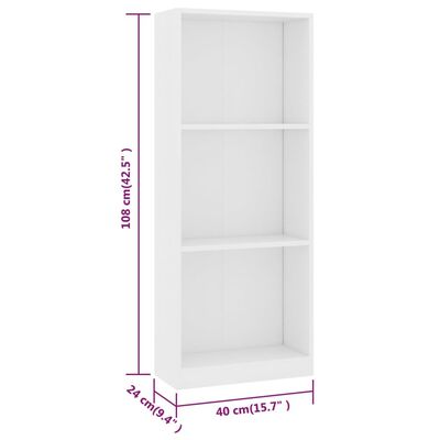 vidaXL 3-szintes fehér forgácslap könyvszekrény 40 x 24 x 108 cm