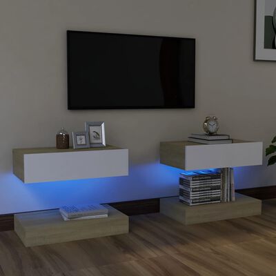 vidaXL 2 db fehér és tölgyszínű TV-szekrény LED-lámpákkal 60x35 cm