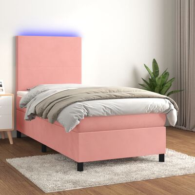 vidaXL rózsaszín bársony rugós és LED-es ágy matraccal 90x190 cm