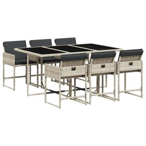 vidaXL 7 r&eacute;szes vil&aacute;gossz&uuml;rke polyrattan kerti &eacute;tkezőszett p&aacute;rn&aacute;val