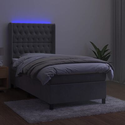 vidaXL világosszürke bársony rugós és LED-es ágy matraccal 90x200 cm