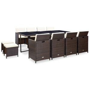 vidaXL 13-r&eacute;szes barna k&uuml;lt&eacute;ri polyrattan &eacute;tkezőszett p&aacute;rn&aacute;kkal