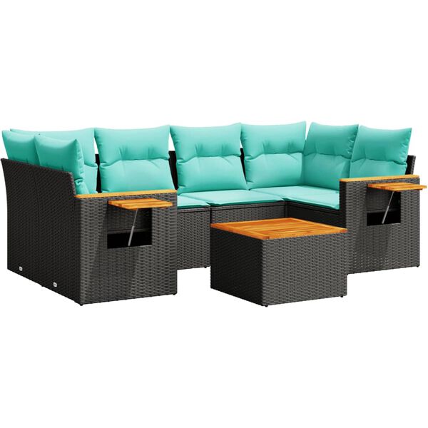 vidaXL 7 r&eacute;szes fekete polyrattan kerti &uuml;lőgarnit&uacute;ra p&aacute;rn&aacute;kkal