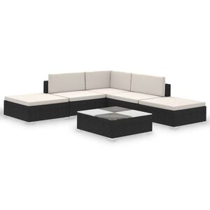 vidaXL 6-r&eacute;szes fekete polyrattan kerti b&uacute;torszett p&aacute;rn&aacute;kkal