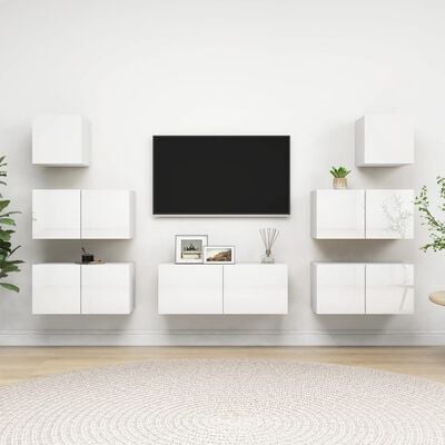vidaXL 7 részes magasfényű fehér forgácslap TV-szekrényszett