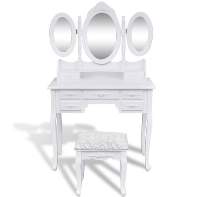 vidaXL fehér fésülködőasztal 3 tükörrel és zsámollyal