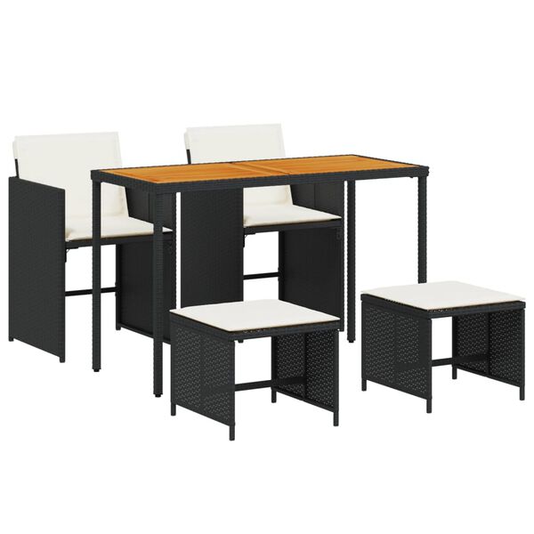 vidaXL 5 r&eacute;szes fekete polyrattan kerti &eacute;tkezőgarnit&uacute;ra p&aacute;rn&aacute;kkal