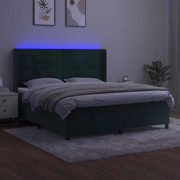 vidaXL sötétzöld bársony rugós és LED-es ágy matraccal 180x200 cm