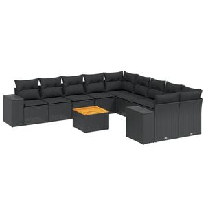 vidaXL 11 r&eacute;szes fekete polyrattan kerti &uuml;lőgarnit&uacute;ra p&aacute;rn&aacute;kkal