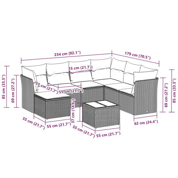 vidaXL 8 r&eacute;szes vil&aacute;gossz&uuml;rke polyrattan kerti &uuml;lőgarnit&uacute;ra p&aacute;rn&aacute;val