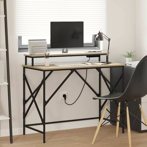 vidaXL Asztal polcokkal Sonoma t&ouml;lgy 100 x 50 x 86,5 cm Faanyag