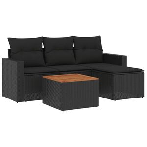 vidaXL 5 r&eacute;szes fekete polyrattan kerti kanap&eacute;szett p&aacute;rn&aacute;kkal
