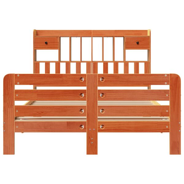 vidaXL barna tömör fenyőfa könyvespolcos ágy matrac nélkül 140 x 190cm