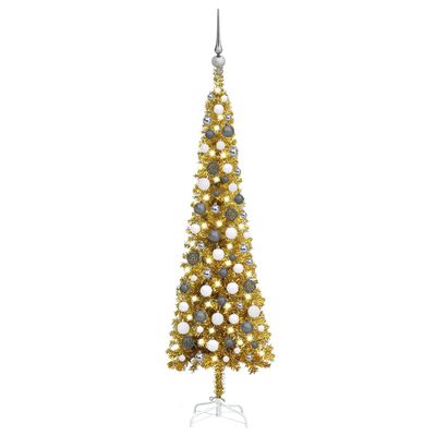 vidaXL arany megvilágított vékony műkarácsonyfa gömb szettel 120 cm