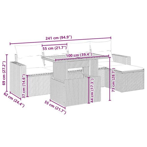 vidaXL 6 részes bézs polyrattan kerti ülőgarnitúra párnával