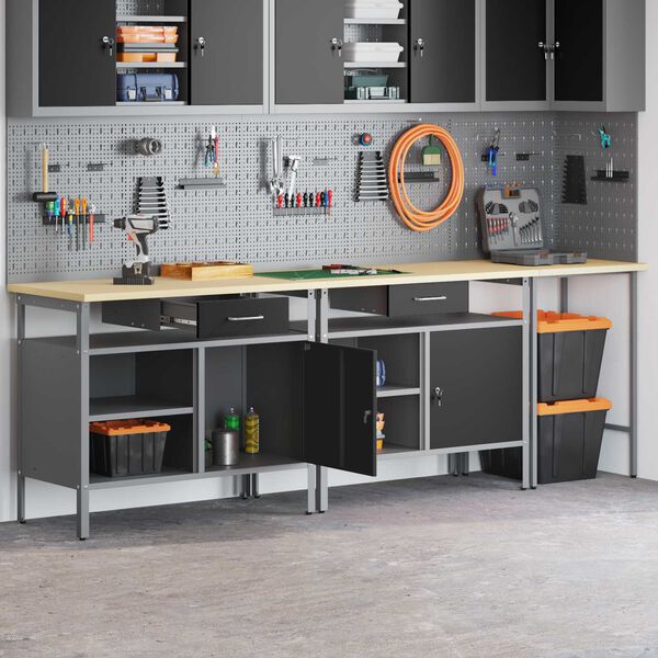 vidaXL Munkapad k&eacute;szlet fi&oacute;kkal 3 pcs Piros &eacute;s Sz&uuml;rke Porsz&oacute;rt ac&eacute;l