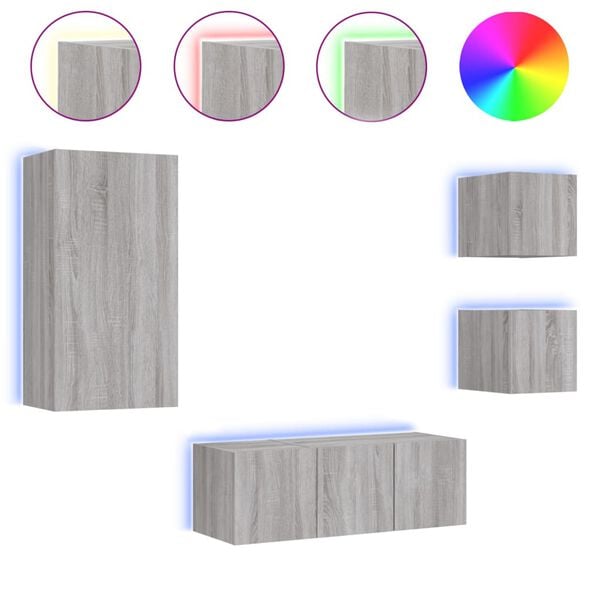 vidaXL 5 darab sz&uuml;rke sonoma sz&iacute;nű szerelt fa fali TV-b&uacute;tor LED-del